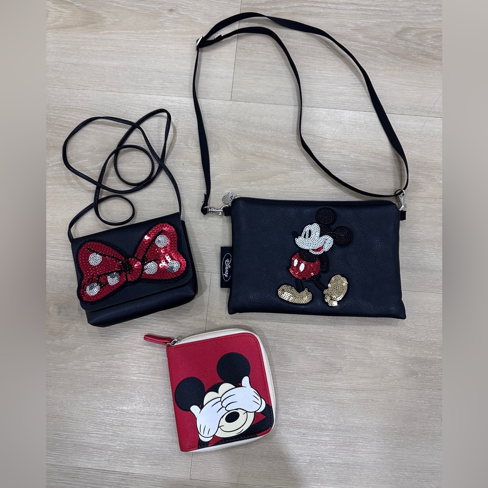 Set of 3, 2 Sequin Mini Purse and 1 Wallet, Mickey and Minnie Bow, Black Red